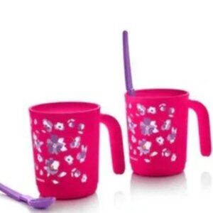 Tupperware 11 oz Floral Mugs Pink Large Handles Microwave Safe Set of 2